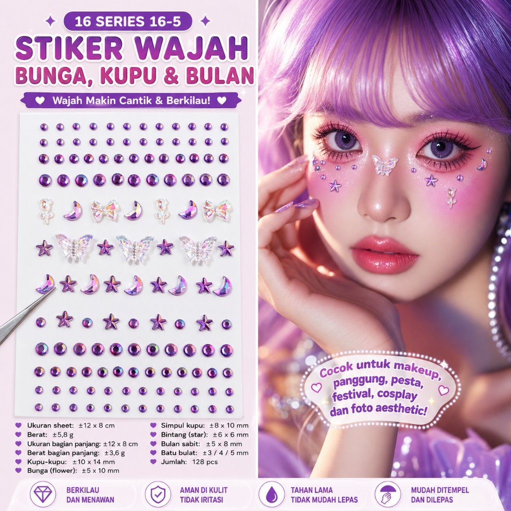 Set Stiker Wajah 3D Kristal Manik-Manik Mudah Ditempel