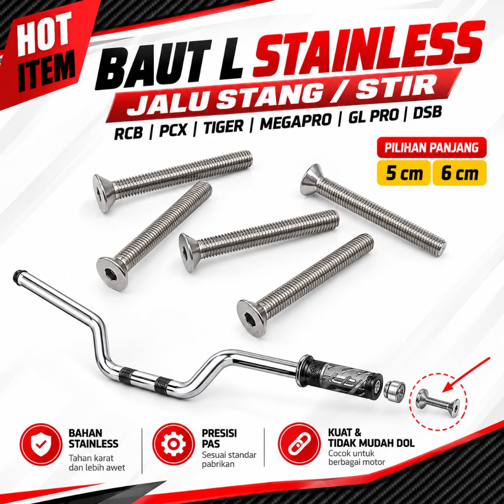 Baut Kunci L STAINLESS Jalu Stang Stir RCB PCX TIGER MEGAPRO GL PRO dsb ( Panjang 5 & 6 cm )