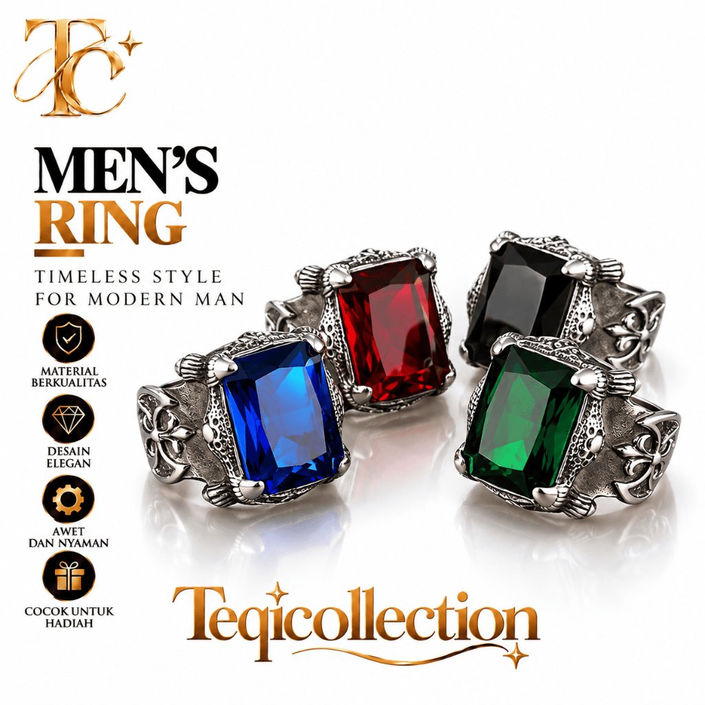 Cincin Pria Motif Gothic Persegi Merah Perak Desain Klasik Elegan