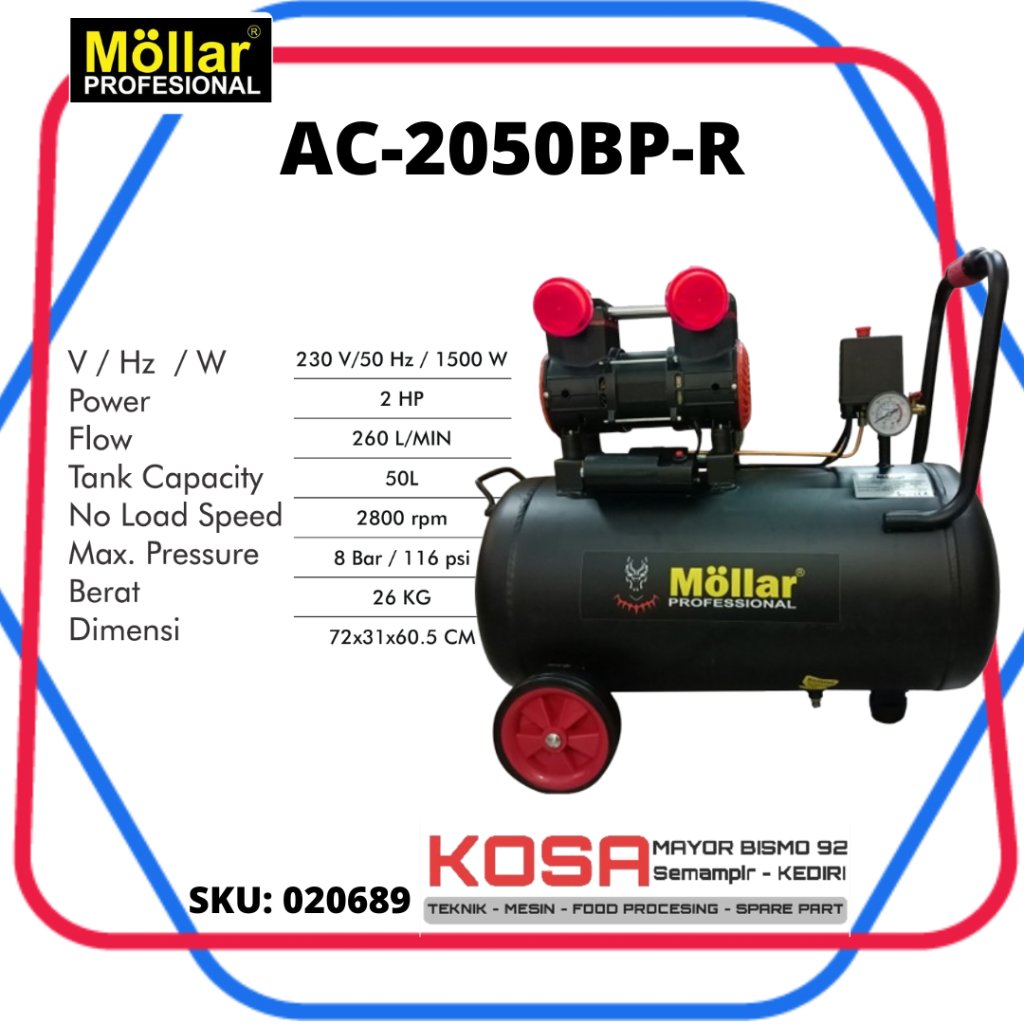 MOLLAR AC 2050BP Kompresor Oilless 50L 2Hp Mollar Kompresor Silent 50L Mollar Kompresor Tanpa Oli Mo