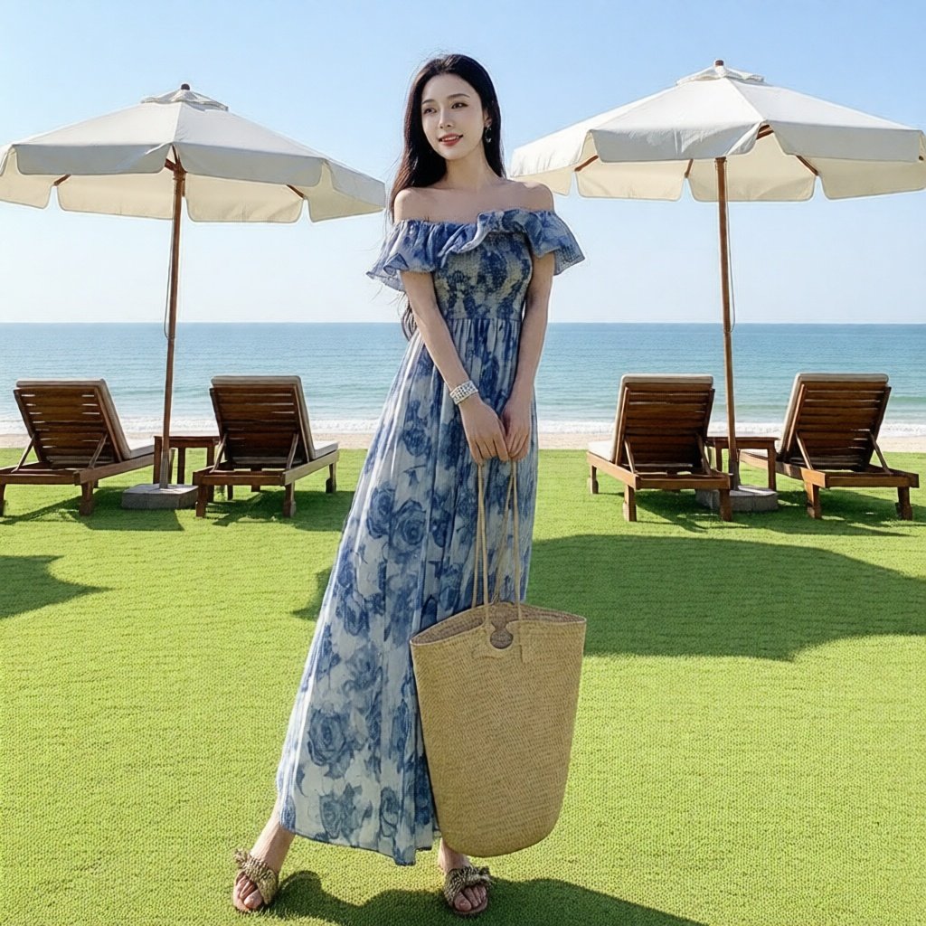 Meirong midi dress biru pantai panjang bunga bunga dress pantai korea style elegant casual dress wan