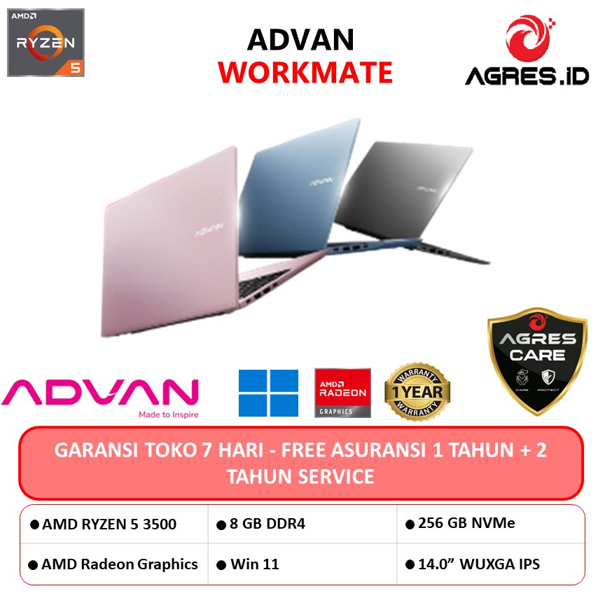 LAPTOP ADVAN WORKMATE AMD Ryzen 5 3500 RAM 8GB SSD 256GB Windows 11 Home 14.0WUXGA IPS