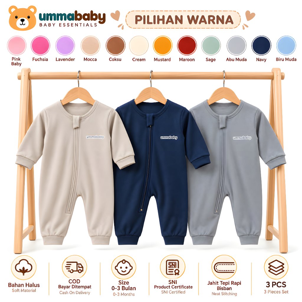 ummababyshop 3 PCS Sleepsuit Bayi Newborn Buka Kaki Romper Jumper Panjang Baju Tidur Perlengkapan Ba