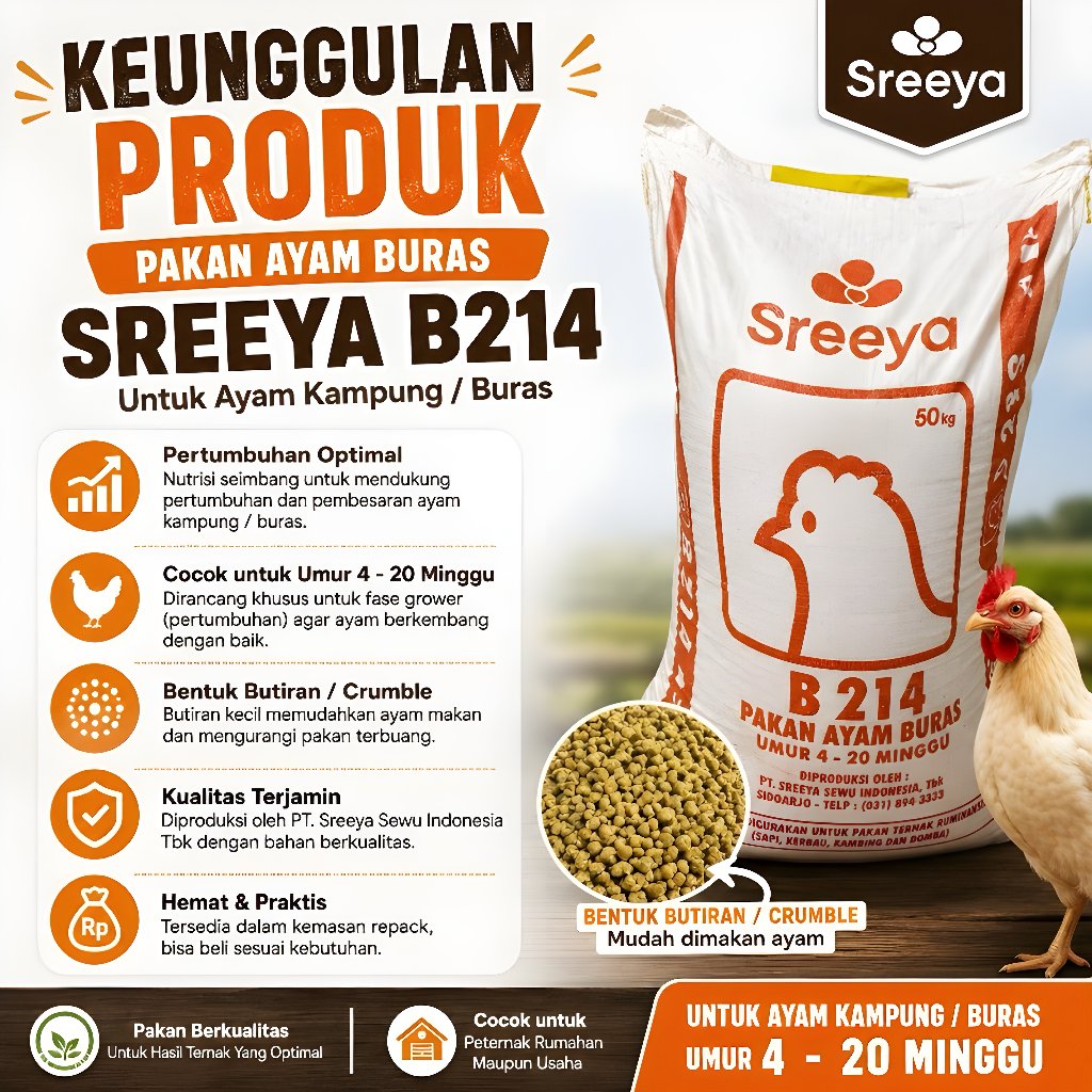 Pur Pakan Ayam Sreeya tinggi protein meningkatkan pertumbuhan ayam kemasan repack 500 gram