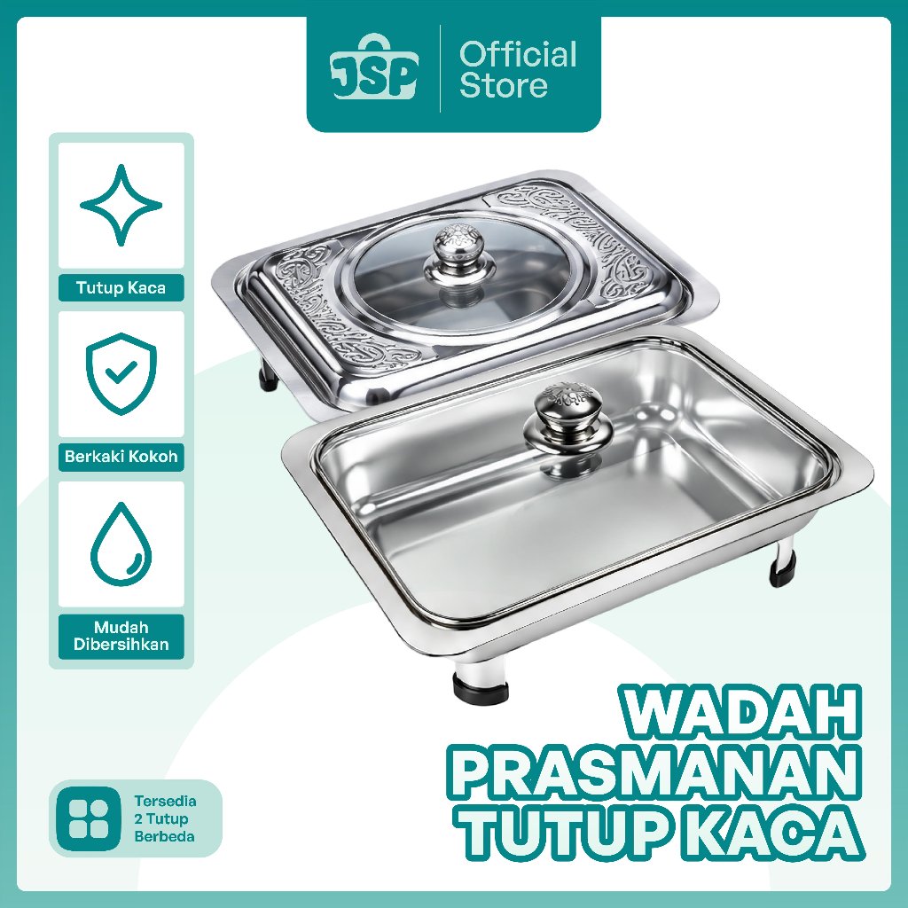JSP Wadah Prasmanan Stainless Steel Tempat Saji Makanan Prasmanan Katering Tutup Kaca Elegan Tebal A