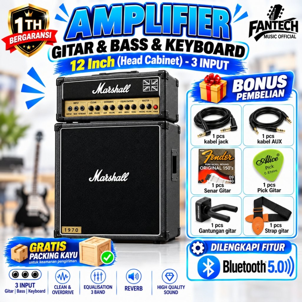 Ampli Gitar & Bass 12 Inch ada bluetooth bisa untuk karaoke Marshall 3 Input Head Cabinet Free Kabel