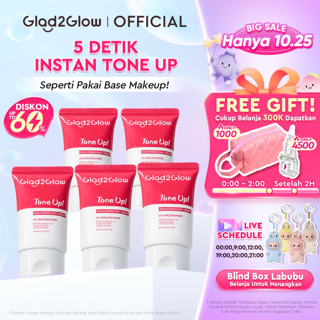 GLAD2GLOW Brightening Tone Up Cream 2%Niacinamide Day Cream Cerah Instant Moisturizer wajah cream pe