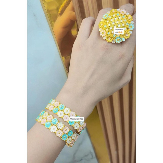 #EW Gelang Kroncong Dubai lapis emas & cincin Dubai lapis emas(Bisa Di Adjust)
