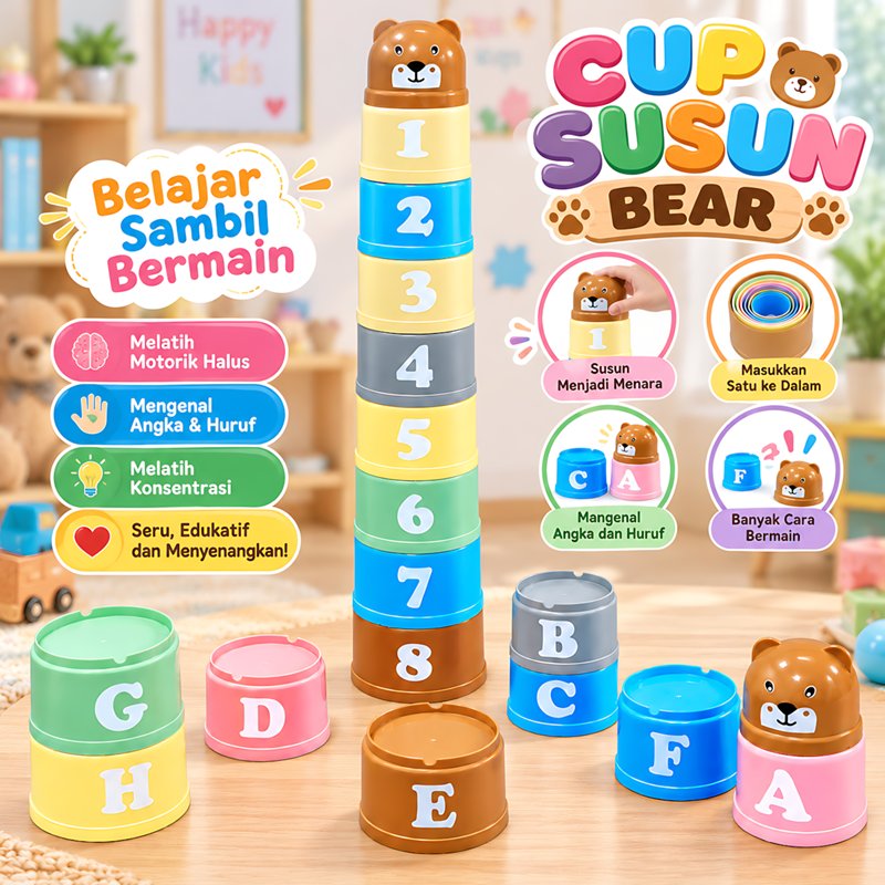 BEAR STACK CUP YE6 Mainan Cup Susun Anak Tower Gelas Tumpuk Beruang Huruf Angka Warna Warni