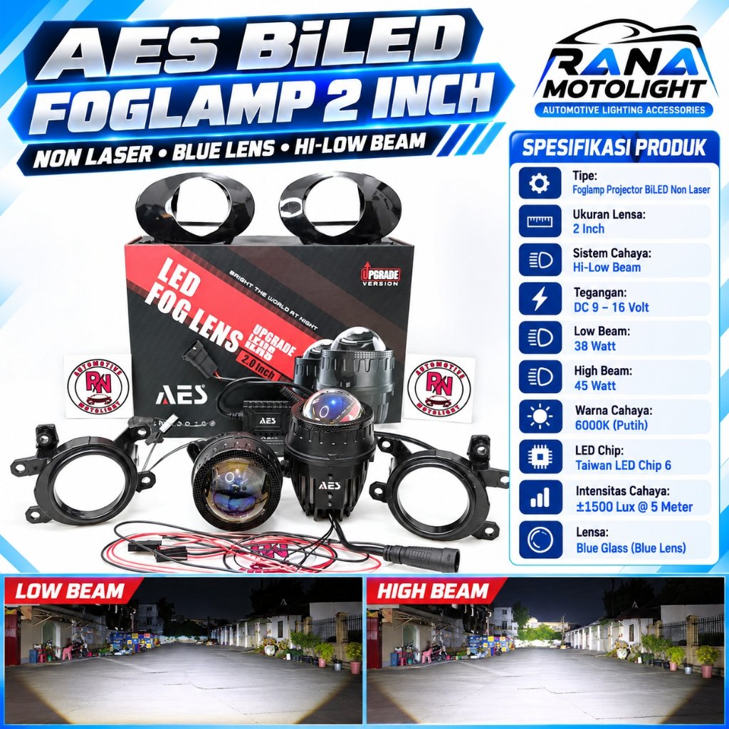 AES BiLED Foglamp 2 Inch Non Laser Blue Lens Motor Mobil Projector Super Terang Fokus Tajam