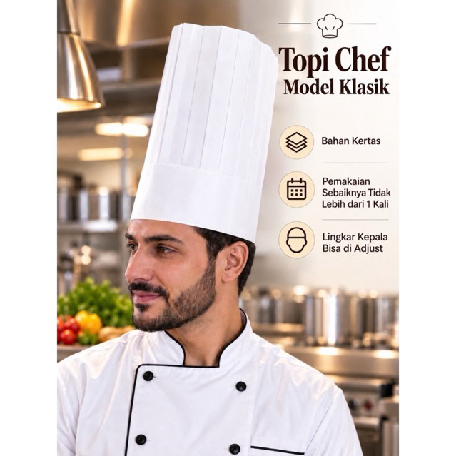 (Harga 1 pcs) Topi Chef Bahan Kertas Model Klasik | Topi Masak Koki Chef