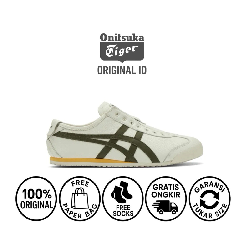 Sepatu sneakers wanita onitsuka mexico 66 slip-on leather cream green orange/ sepatu sneakers wanita