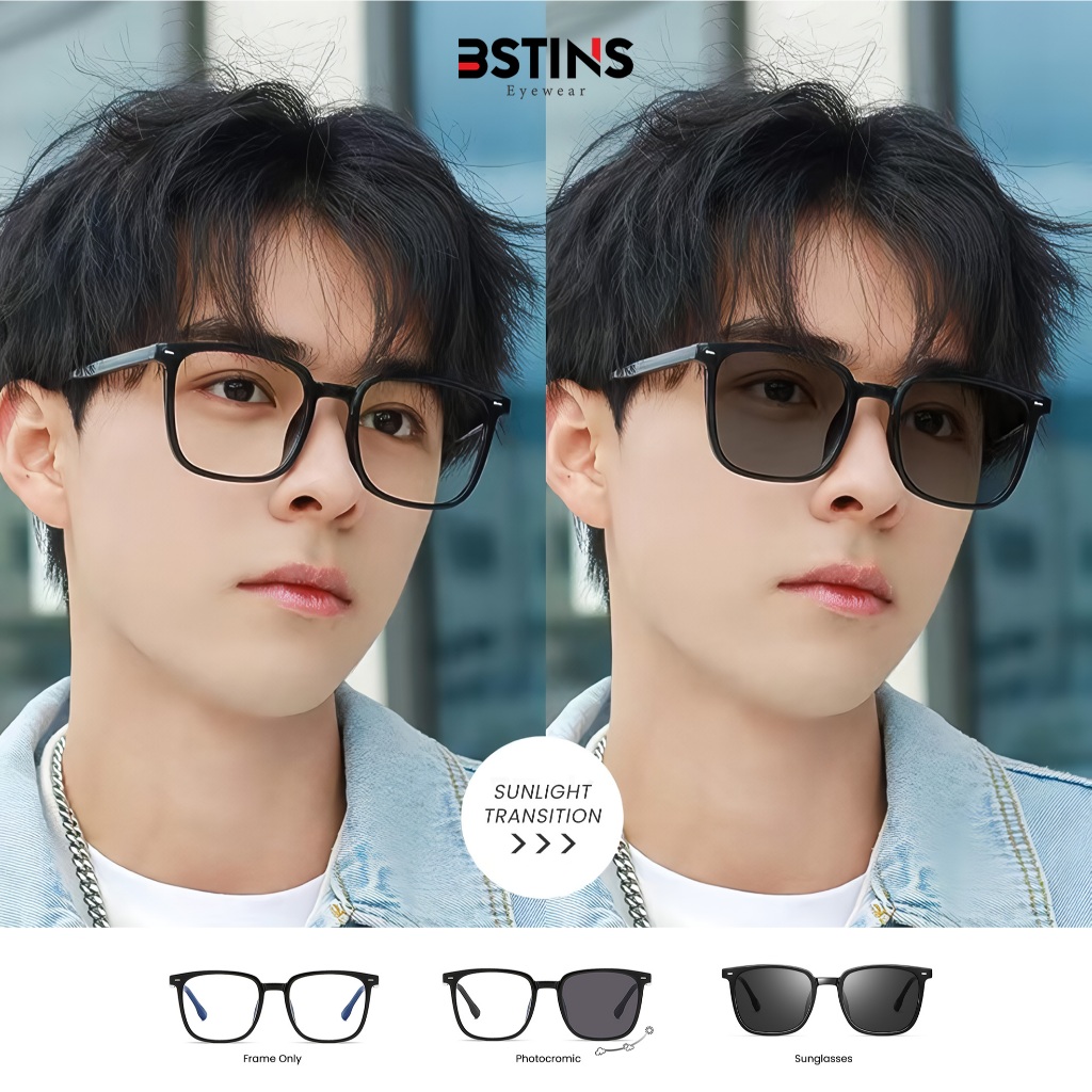 Bstins Kacamata Photocromic MInus Bentuk Kotak Lensa Anti Radiasi Bluecromic TR90 Material Pria Wani