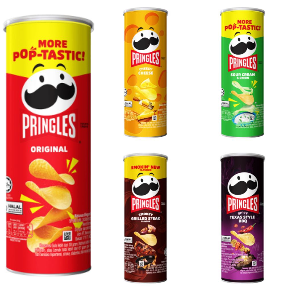 

Pringles Potato Chips Keripik Kentang Original / Cheesy Cheese / Smokey Grilled Steak / Sour Cream & Union / Texas Style BBQ 102 Gram
