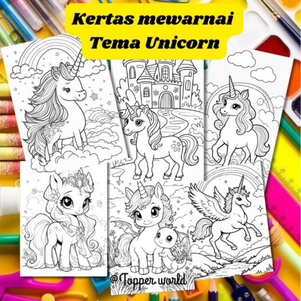 

20 LEMBAR KERTAS MEWARNAI ANAK TEMA UNICORN (READY LANGSUNG KIRIM)