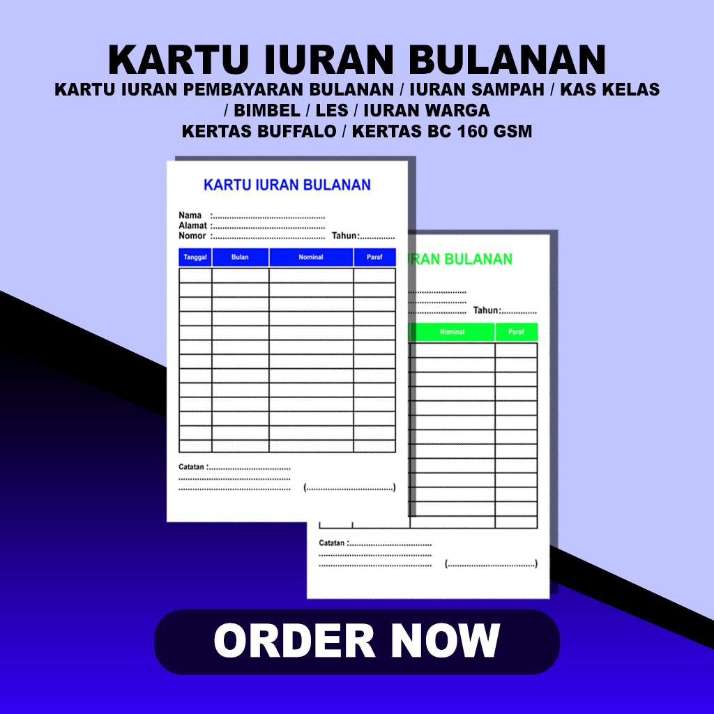 

[ 100 PCS ] Kartu iuran pembayaran bulanan / Kartu iuran Sampah / Kartu kas Kelas / Kartu Bimbel dll
