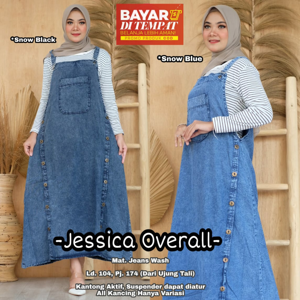 Jesica Overall Jeans Wanita Panjang Snow Black Modis Casual Dress Denim Hijab Kekinian
