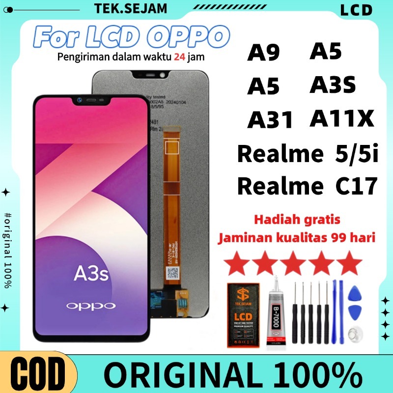 LCD OPPO A3S / LCD OPPO A3S ORIGINAL 100% FULL SET LCD OPPO A9 2020-A5-A11X-C3 HITAM FOR RE 5i REALM