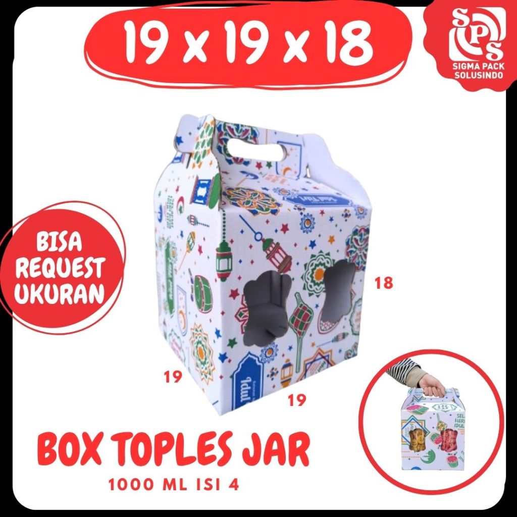 

Kardus 19x19x18 Jinjing (KUKER TOPLES JAR 4x1000ml) Gable Box Kue Kering Idul Fitri Hampers Lebaran