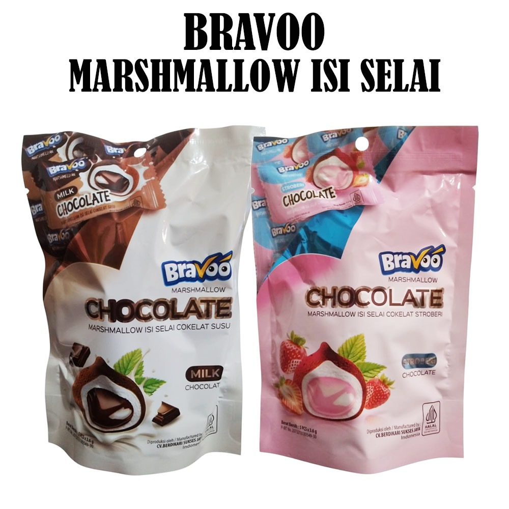 

BRAVOO MARSHMALLOW ISI SELAI COKELAT SUSU / COKELAT STROBERI