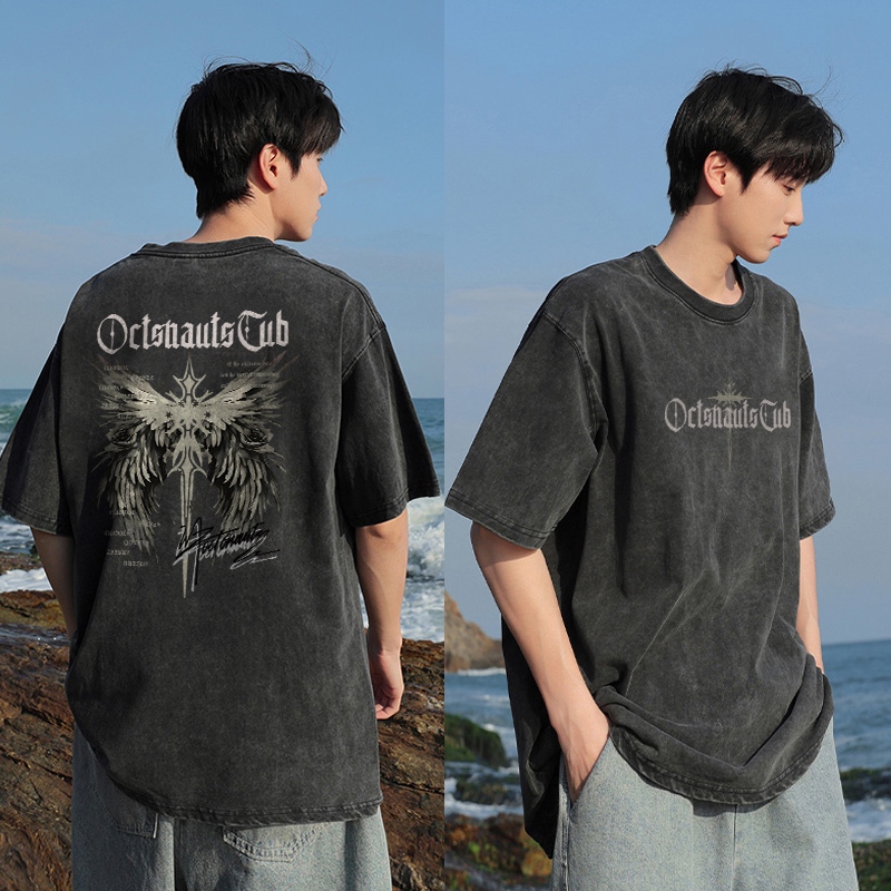 PUERTO Kaos Distro Pria Washed Tshirt Vintage Oversize Sayap Malaikat Cetak Vintage Baju Cowok Keren