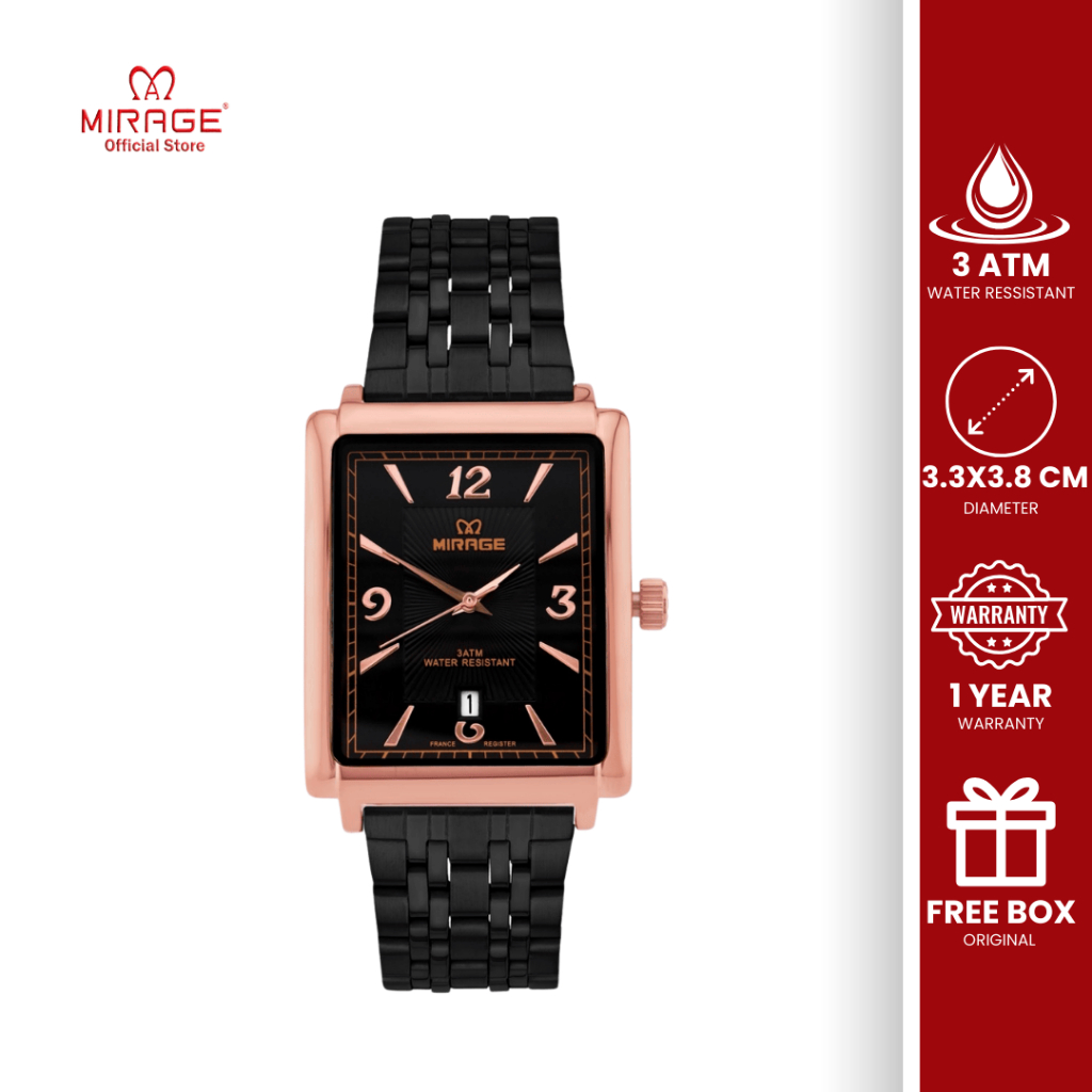 Mirage Jam Tangan Analog Pria Anti Air Mewah Elegant Trendy Segi Stainless Hitam Rosegold 8836 M