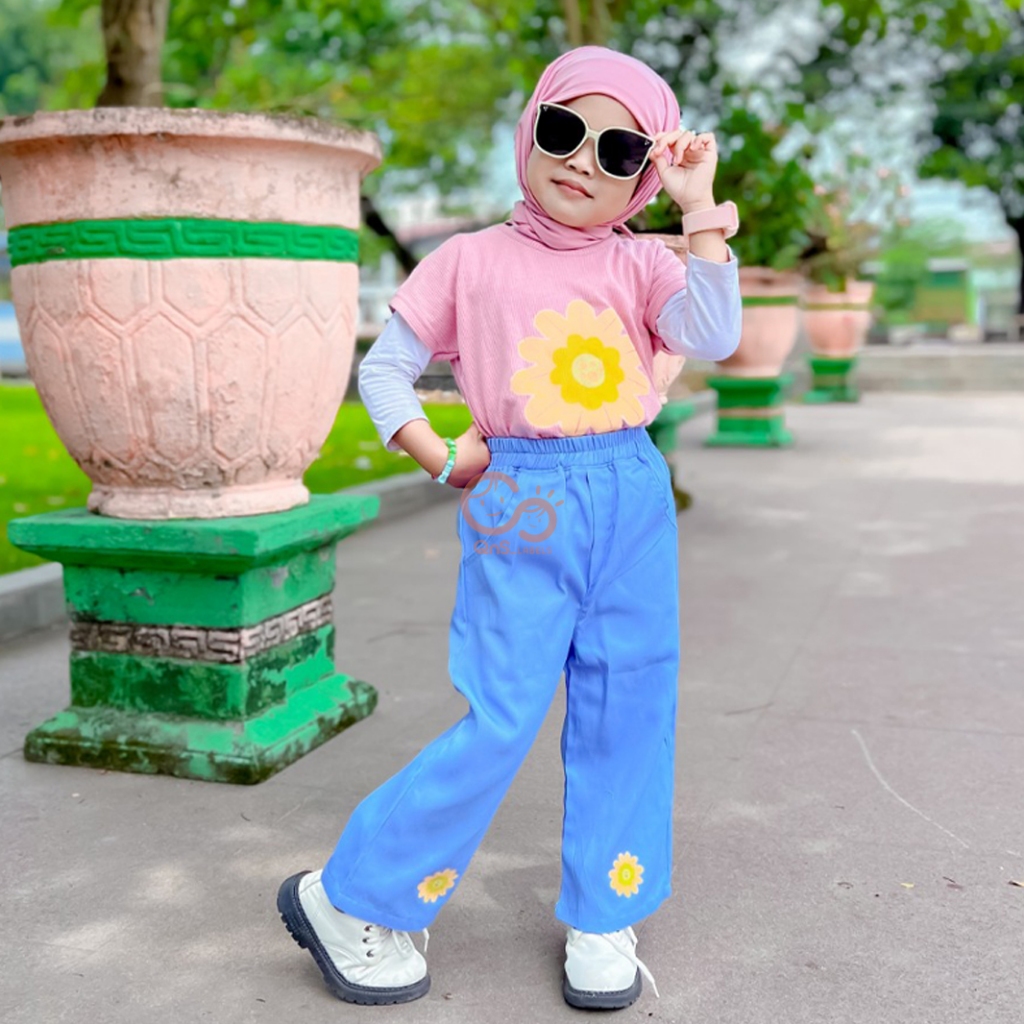 Setelan Anak Perempuan Celana Boyfriend Motif Bunga Umur 4-5 Tahun