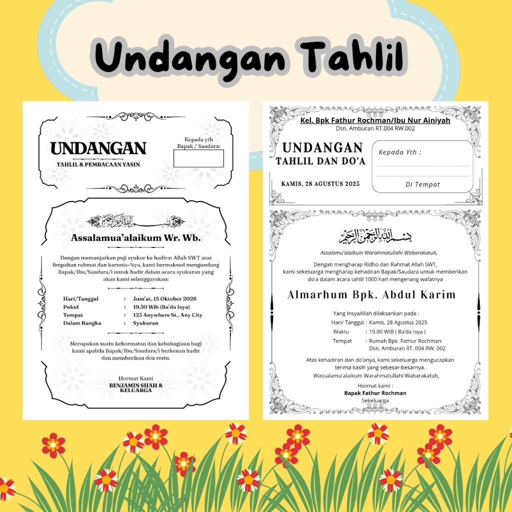 

Cetak Undangan Tahlilan/ Tahlil 7hari/Tahlil 40hari/ Tahlil 100hari / Tahlil 1000hari