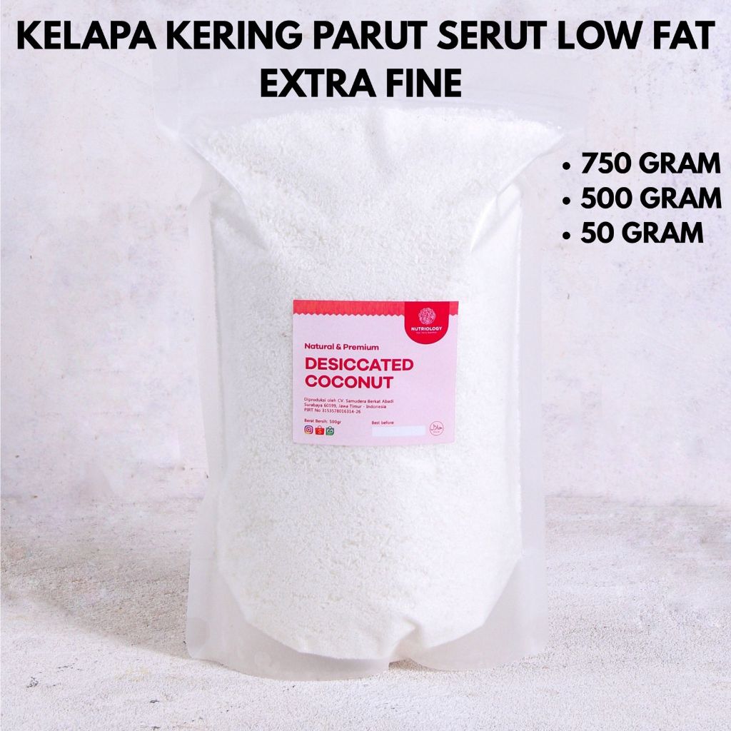 

Kelapa kering parut serut 500gr 750 gr Desiccated Coconut Low Fat Extra Fine Natural Food Premium Alami