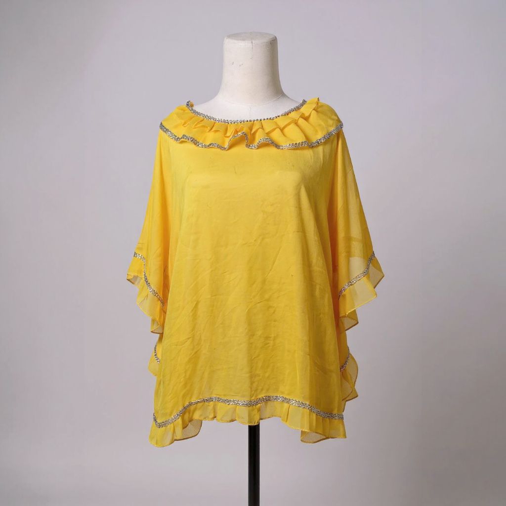 Blouse Kaftan Wanita | Atasan Kuning Lengan Pendek Rumbai | Blus Casual Furing Dalam