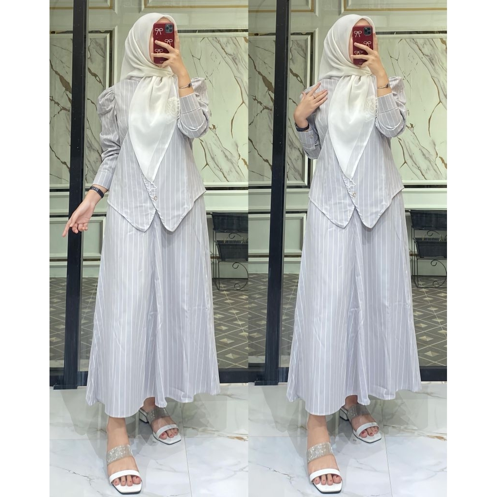 Stelan Rok Salur Garis One Set Busui Pakaian Wanita Kekinian