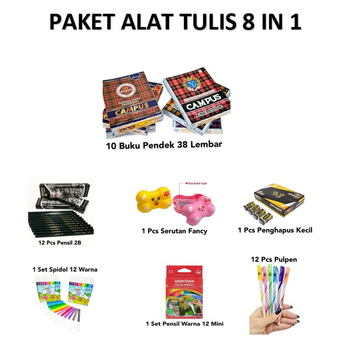 

Paket Hemat Alat Tulis Lengkap 8 In 1 Buku Tulis Pensil Penghapus Serutan Spidol Pulpen Pensil Warna Penggaris