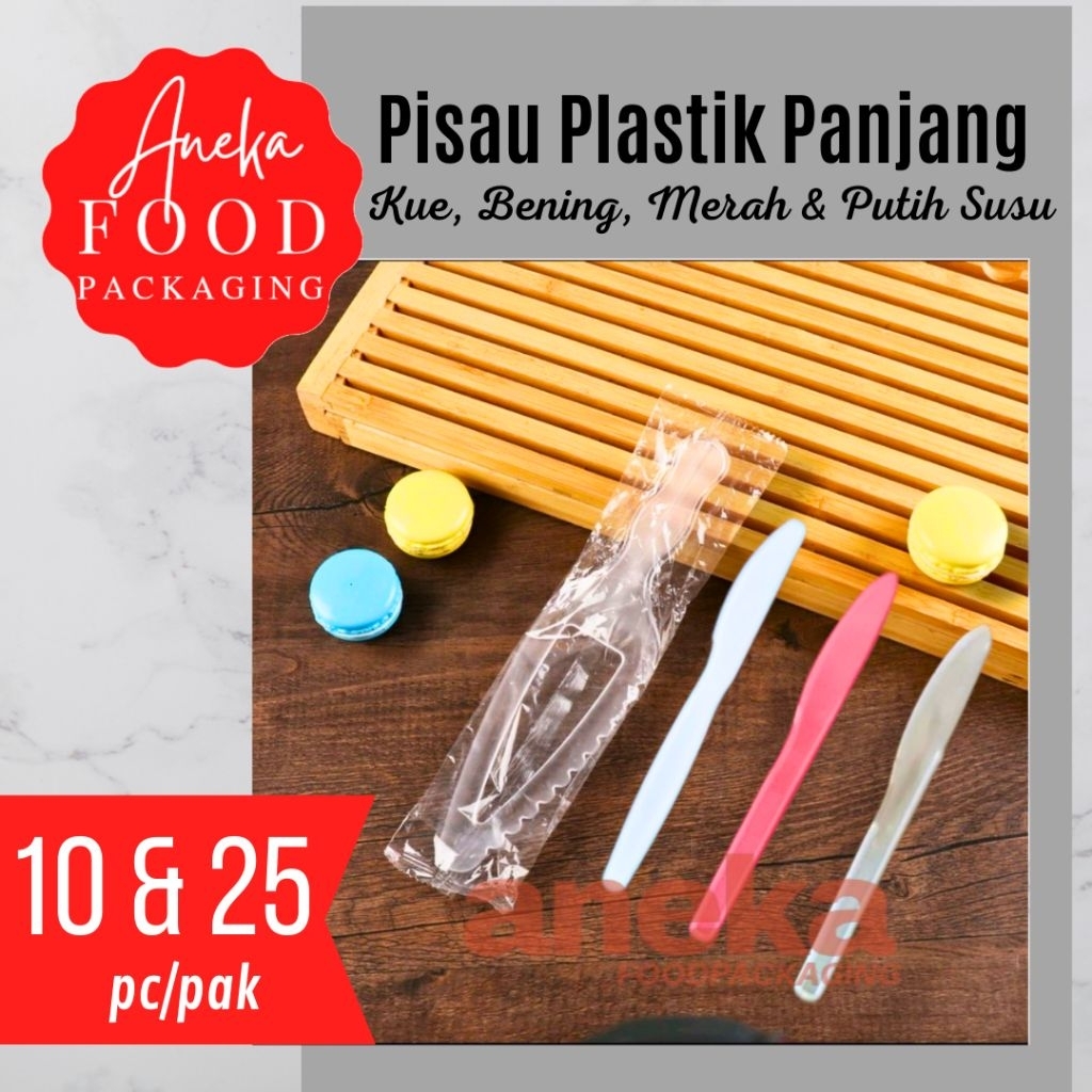 Pisau makan plastik kue tart BENING, MERAH & PUTIH SUSU panjang transparan