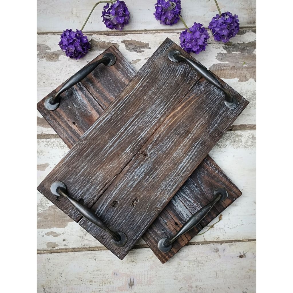Nampan Rustic Kayu Jati Belanda Choco Gradasi Putih Handle Kuningan