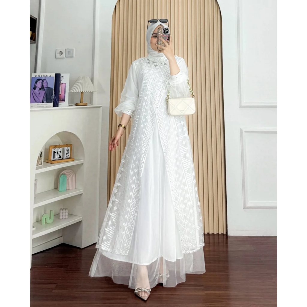 Gamis Outer Brukat Keyla Dress Gamis Tille Full Puring Gamis Putih Lebaran Model Terbaru Dress Mewah