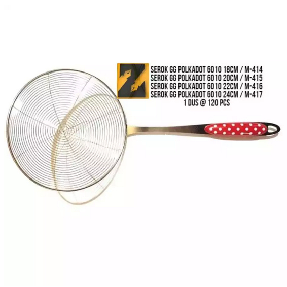 Serok Gorengan Tebal/ Serok Gagang Polkadot/ Saringan Minyak Goreng Stainless/ Serok Parabola 24CM I