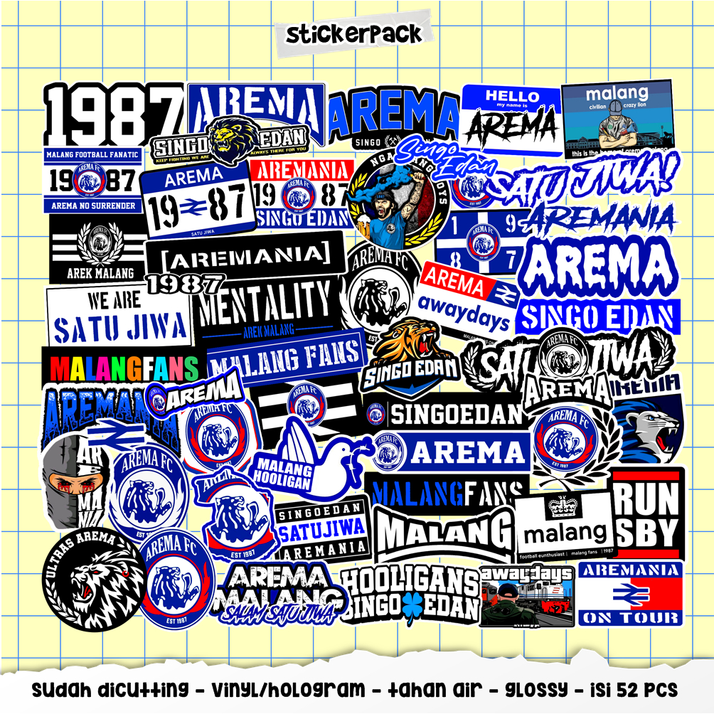

52pcs stickerpack arema series, stiker vinyl & hologram tahan air