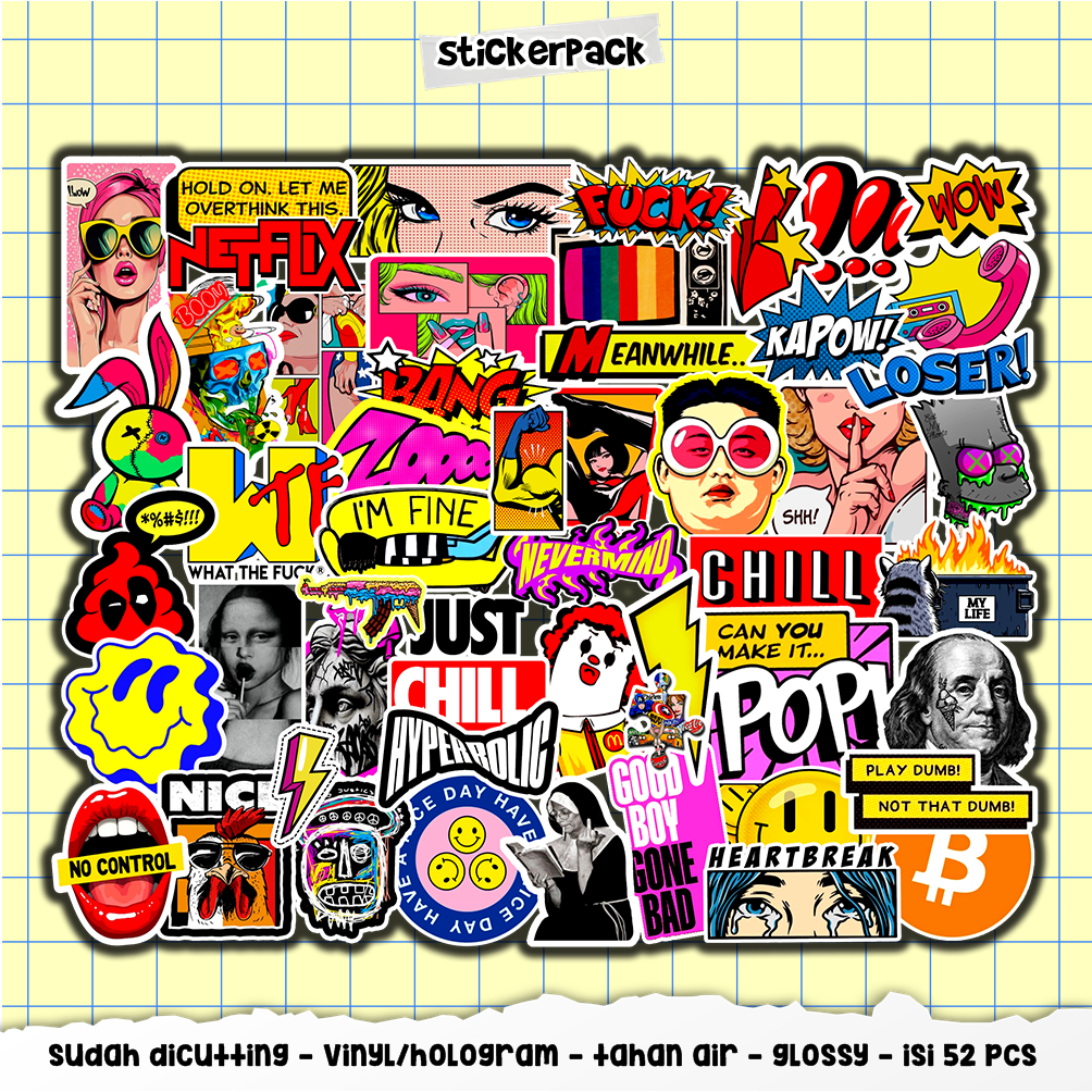 

52pcs pop art sticker series, stiker aesthetic vinyl & hologram tahan air