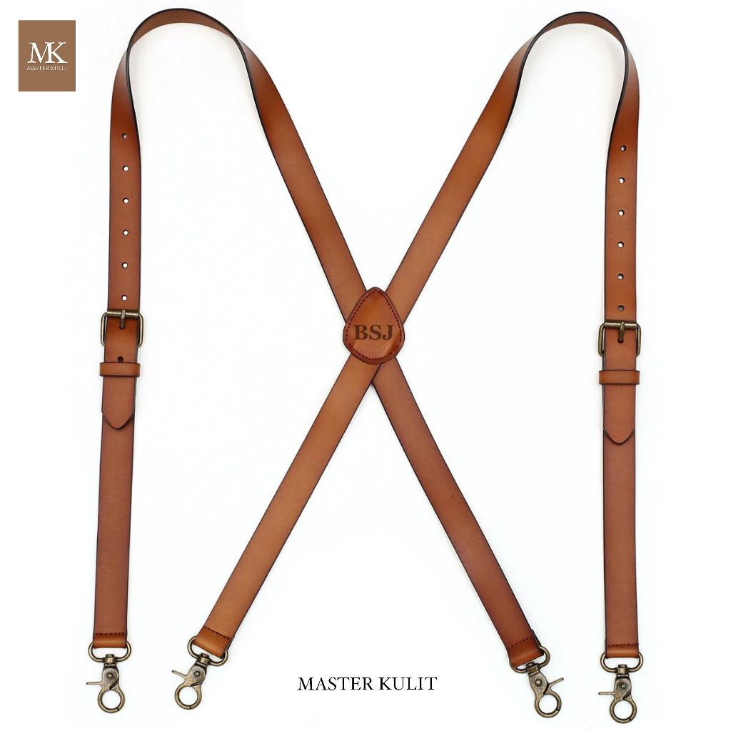 Suspender Pria Desain X Back Suspender Kulit Adjustable Brown Braces Hadiah Pernikahan Serbaguna
