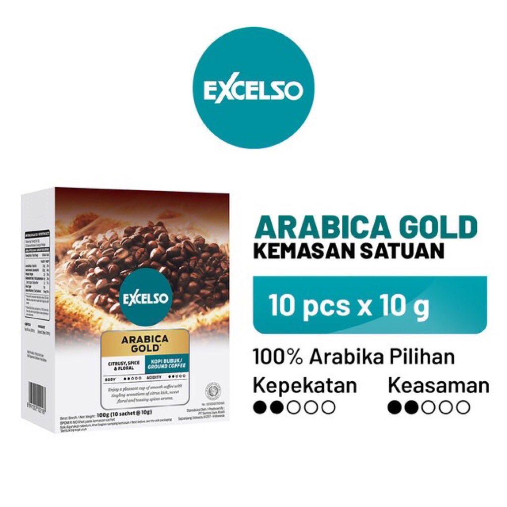 

EXCELSO ARABICA GOLD (10PCS x 10G) KEMASAN SATUAN | BUBUK KOPI