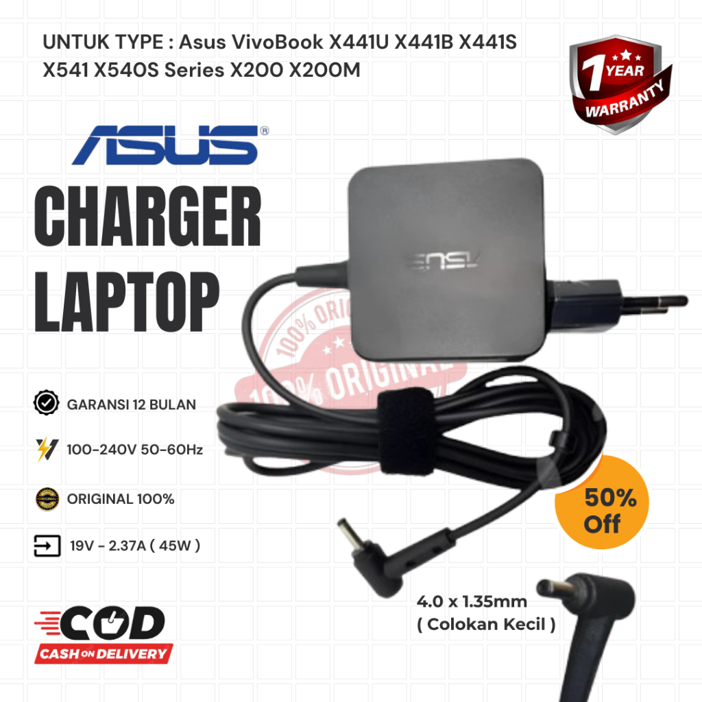 Charger & Adaptor Laptop Asus VivoBook X441U X441B X441S X541 X540S Series X200 X200M Colokan Kecil