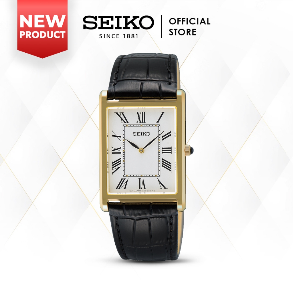 Jam Tangan Pria Seiko Classic  SWR104 SWR104P1 Gold Bezel Silver Dial Leather Strap Quartz Original