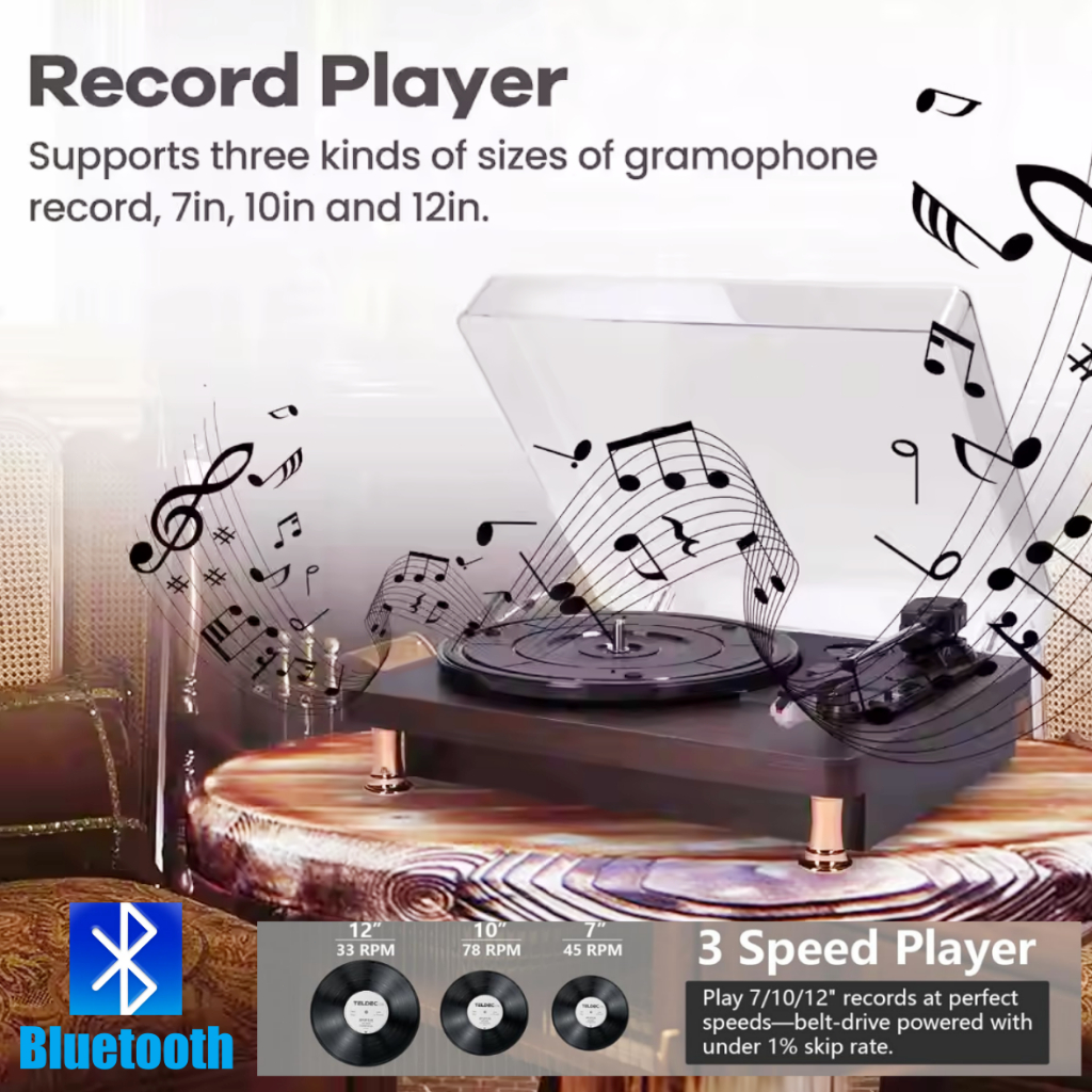 Vinyl Record Player Pemutar Piringan Gramophone  3 Speed Hitam Vinyl Turntable  Bluetooth Speaker