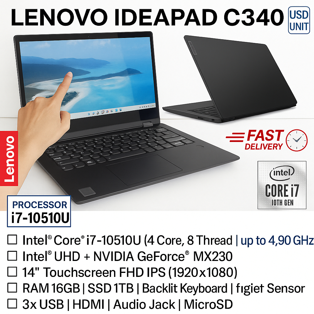 Lenovo Touchscreen C340 Core i7-10510U NVIDIA MX230 RAM 16GB SSD 1TB Laptop Bisnis Profesional