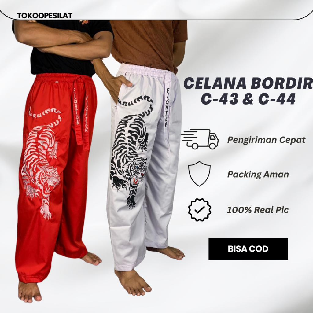 Celana Pakaian Silat Beladiri Bordir Komprang Panjang Hitam Pangsi Kombor Motif Gambar Harimau Macan