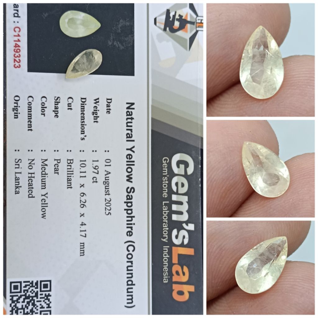 Natural Yellow Sapphire Ceylon Top Kristal 1,9ct NH memo GLI Safir Srilanka