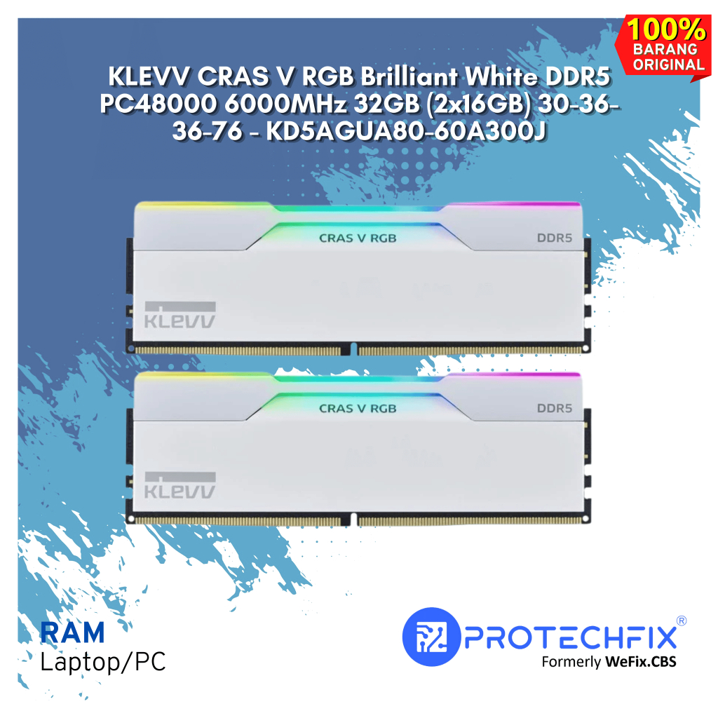 KLEVV CRAS V RGB Brilliant White DDR5 PC48000 6000MHz 32GB (2x16GB) 30-36-36-76 - KD5AGUA80-60A300J