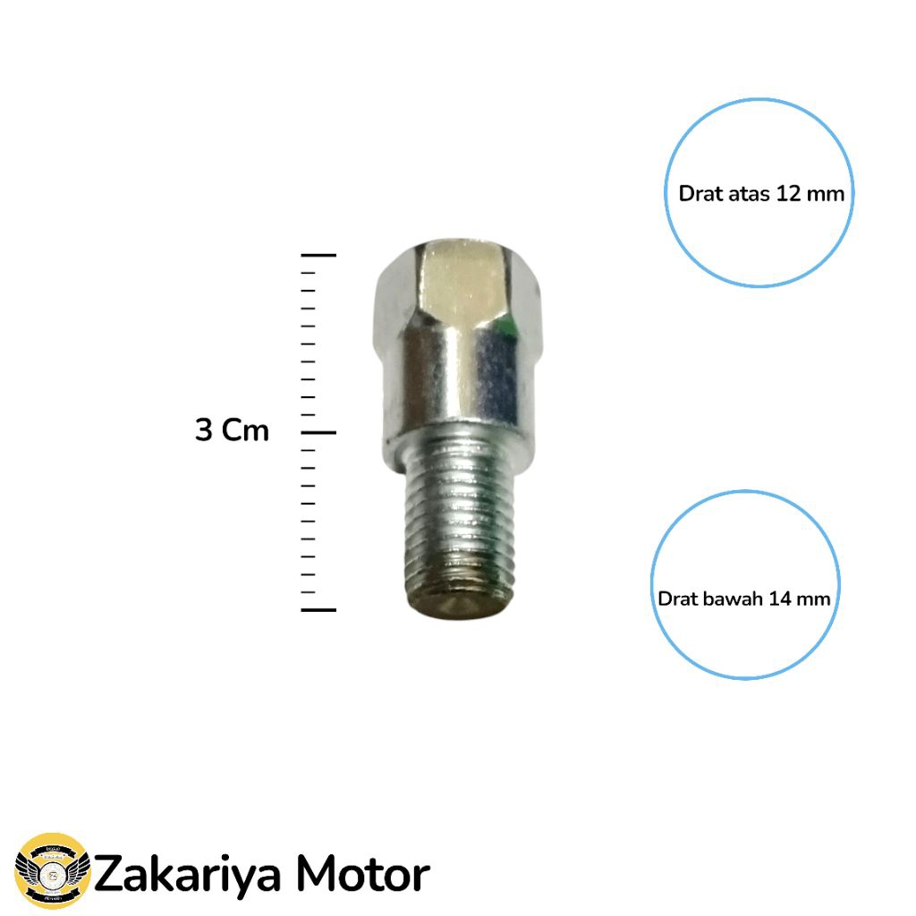 Baut baud adaptor sambungan spion drat atas 12 mm drat bawah 14  mm ulir kanan universal motor