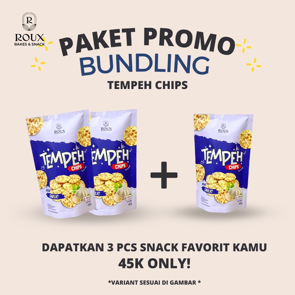 

ROUX PROMO PAKET BUNDLING TEMPE SAGU TEMPEH CHIPS GARLIC ORIGINAL ENAK RENYAH LESS OIL
