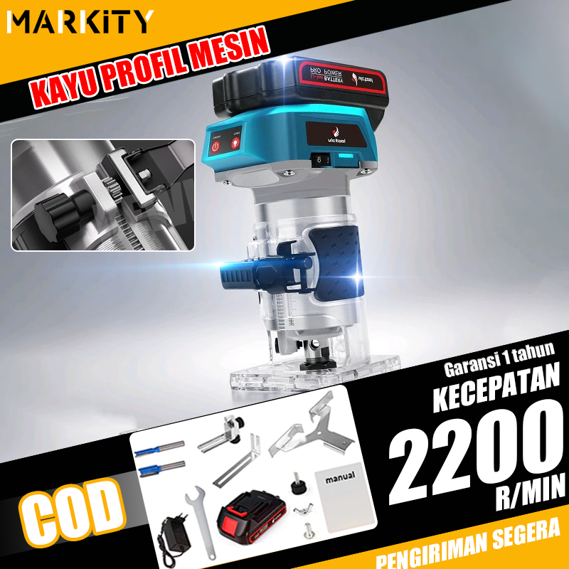 MARKITY Mesin Profil Kayu Cordless Router kayu 2200R/Min Brushless Wood Trimmer cordless listrik tri